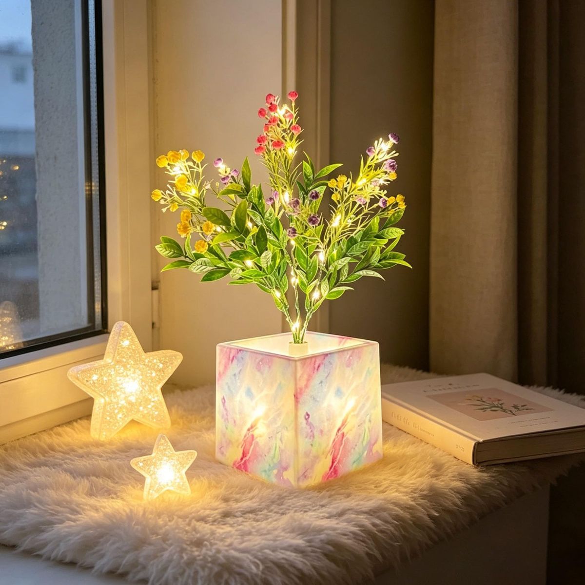 White Magnolia Flower Table Lamp USB Battery Operated Decorative Bedside Lamp for Living Room Decor Office Bookstore Nail Salon Beauty Space Home Terrace — image 5