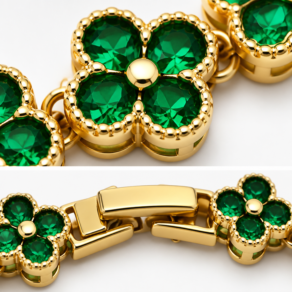 Gold and Green Four-Leaf Clover Zircon Bracelet - Gold-Tone Alloy Lucky Charm Wristband with Full Crystal Pave, 22cm Elegant Fashion Jewellery for Women — image 4
