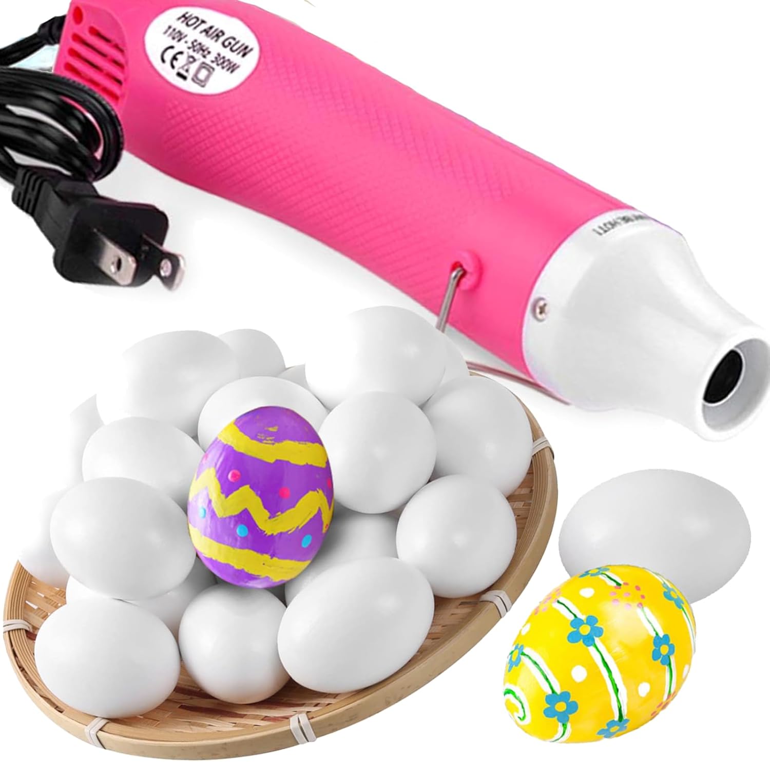 Pink Heat Gun for Crafts and (24-Pack) Hyper-Realistic White Wooden Eggs for Painting