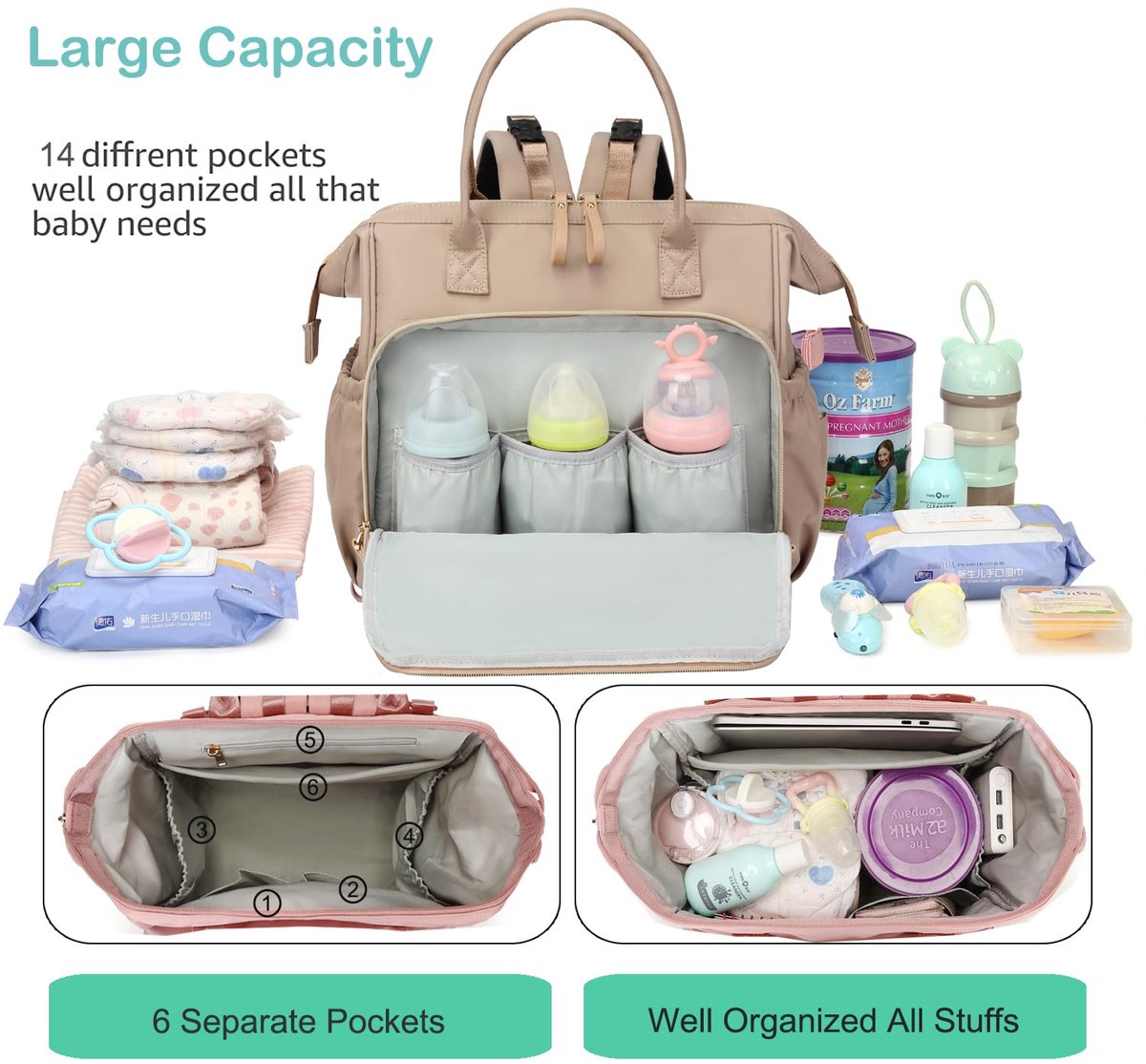 Convertible Diaper Bag - Wide Opening - 14 Pockets - Stylish - Baby Changing Bag - with Stroller Buckle - Diaper Bag - Waterproof (Off-White) — image 2