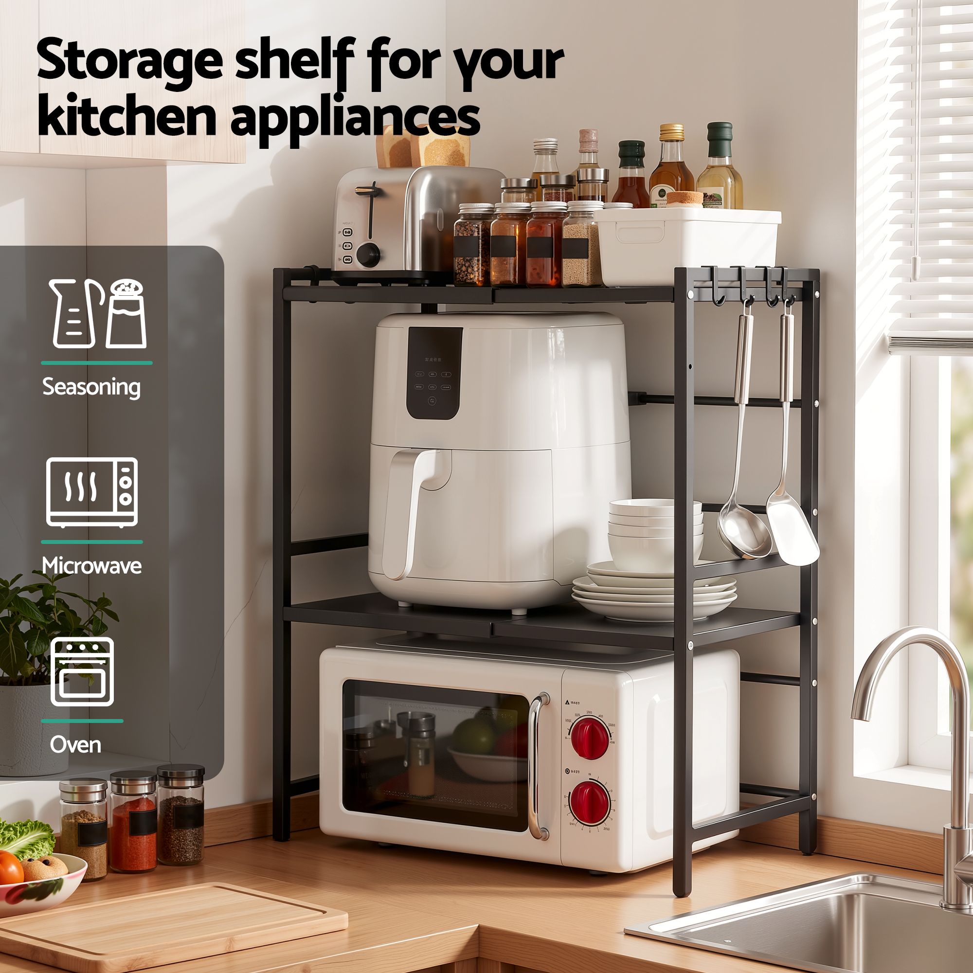 Artiss Kitchen Bakers Rack 40-60CMX78CM Metal Microwave Stand Black โ image 5
