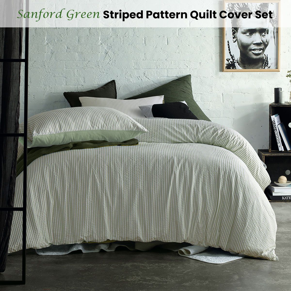Accessorize Sanford Green Striped Pattern Quilt Cover Set Single — image 2
