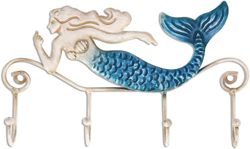 Wall Mounted Key Holder Iron Mermaid Wall Decoration 4 Hooks for Coats Towels Bags Wall Mount Clothes Holder Screws Included
