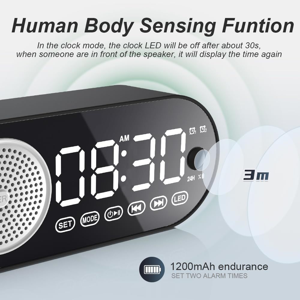 Digital Alarm Clock with Bluetooth Speaker, Dual Alarm Clock for Bedroom Heavy Sleeper Wireless Speaker (Black) — image 4