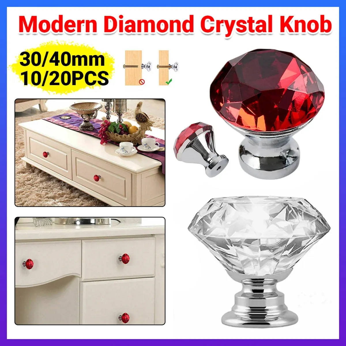 Door Knobs Handles Clear Crystal Diamond Glass Kitchen Cupboard Cabinet Pulls Au โ image 2