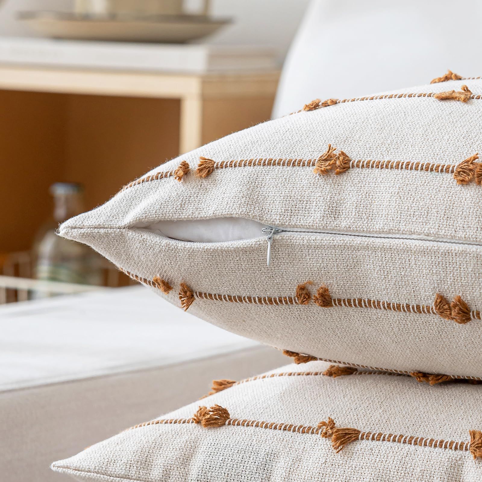 Boho Throw Pillow Covers 18x18 Set of 2 Modern Farmhouse Decorative Cushion Case Tufted Square Pillows Cover Neutral Pillow — image 3