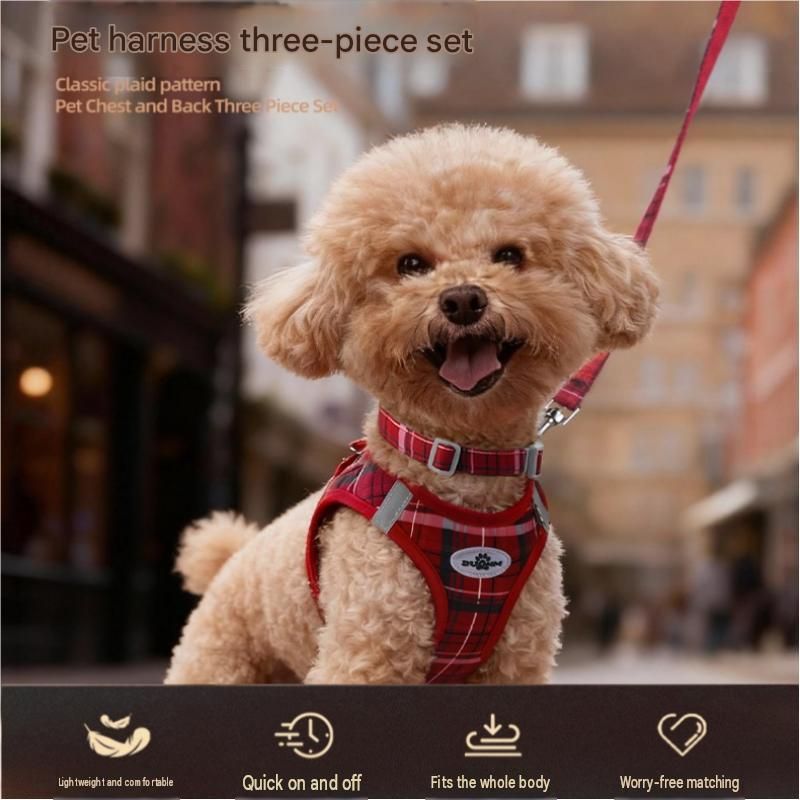 S Size Purple Classic Plaid Dog Harness Set- Breathable Mesh Vest and Adjustable Collar, WIith 1.5m Lead for pet, Anti-Pull Design — image 2