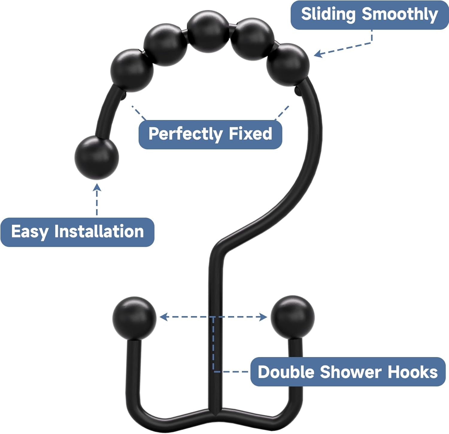 Matzwarte shower curtain hooks (12-pack) - Double hooks made of stainless steel - Hooks with smooth rolling action - Suitable for shower curtains up to 3.3 cm — image 4