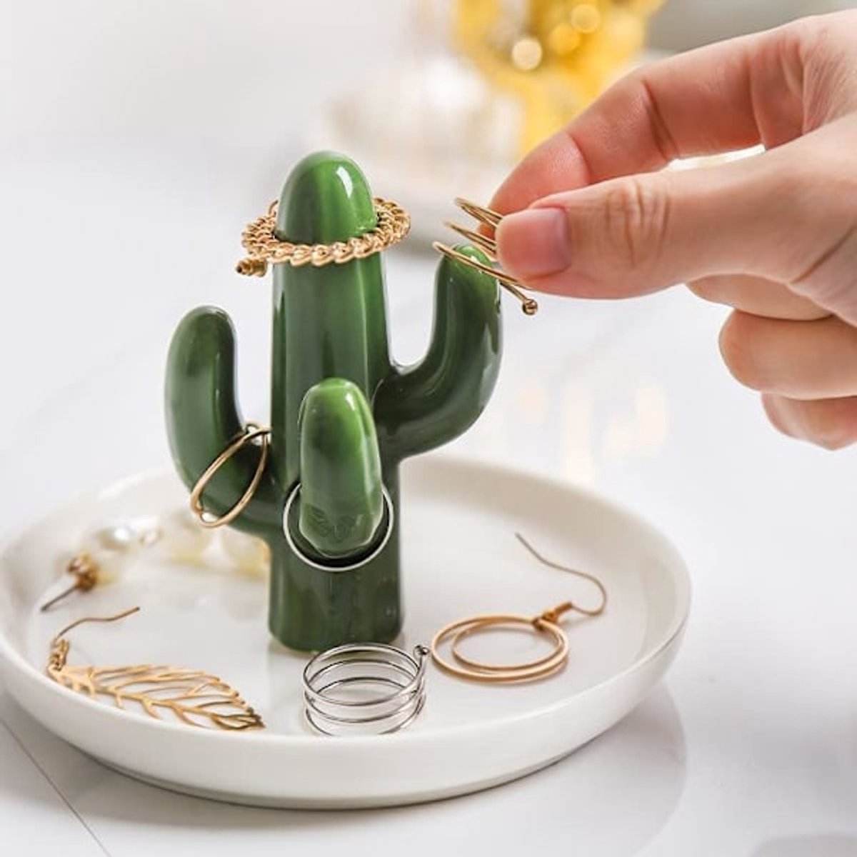 Two-Piece Jewelry Display Set - Aloe Vera and Cactus Ring Organizer Set - Ceramic - Jewelry Organizer - Bracelet, Earring, and Necklace Organizer with Leaf — image 3