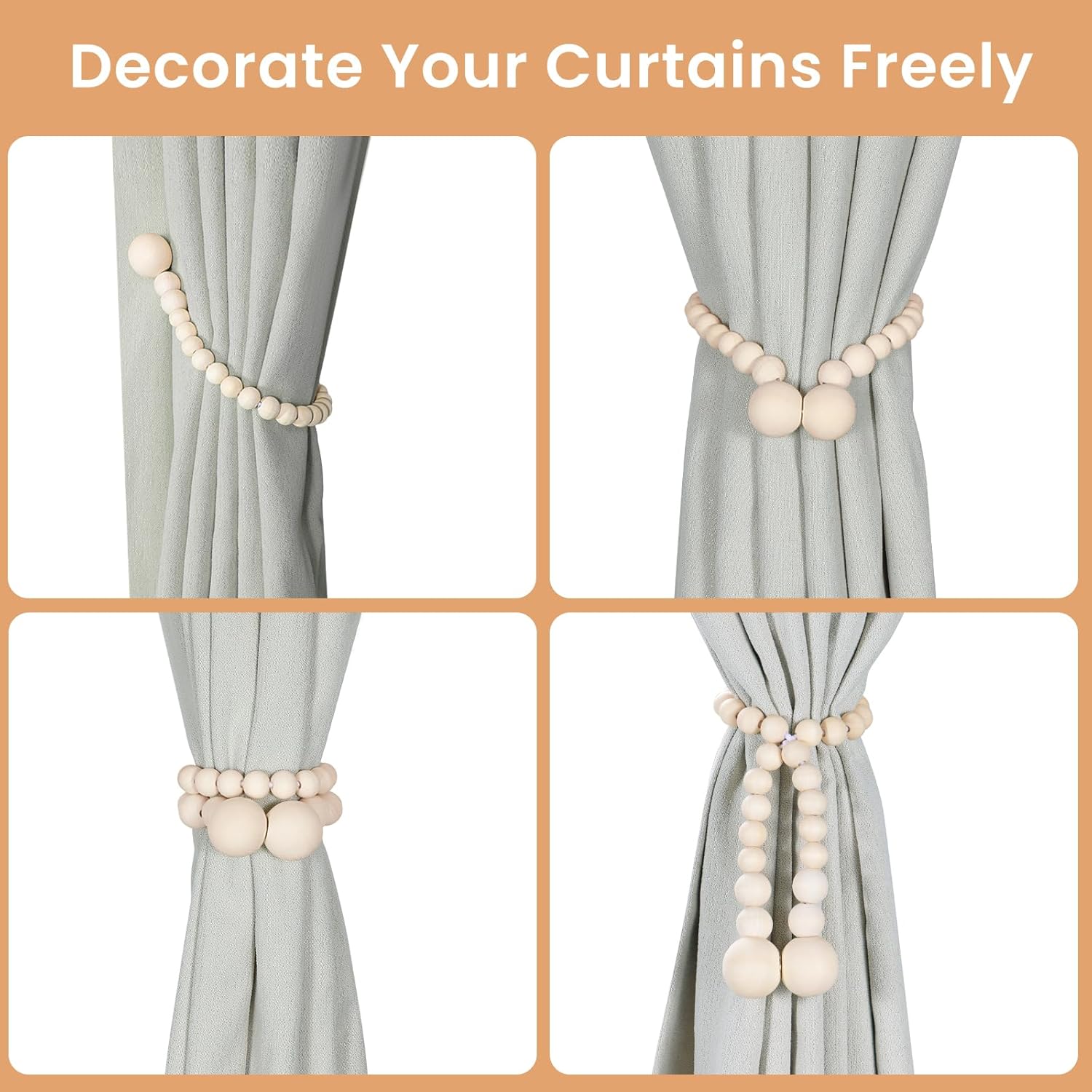 Magnetic Curtain Tiebacks, Curtain Holdbacks for Curtains 2 Pack, Wood Bead Curtain Holders for Boho Bedroom Decor, Baby Nursery Decor, Farmhouse Decor — image 4