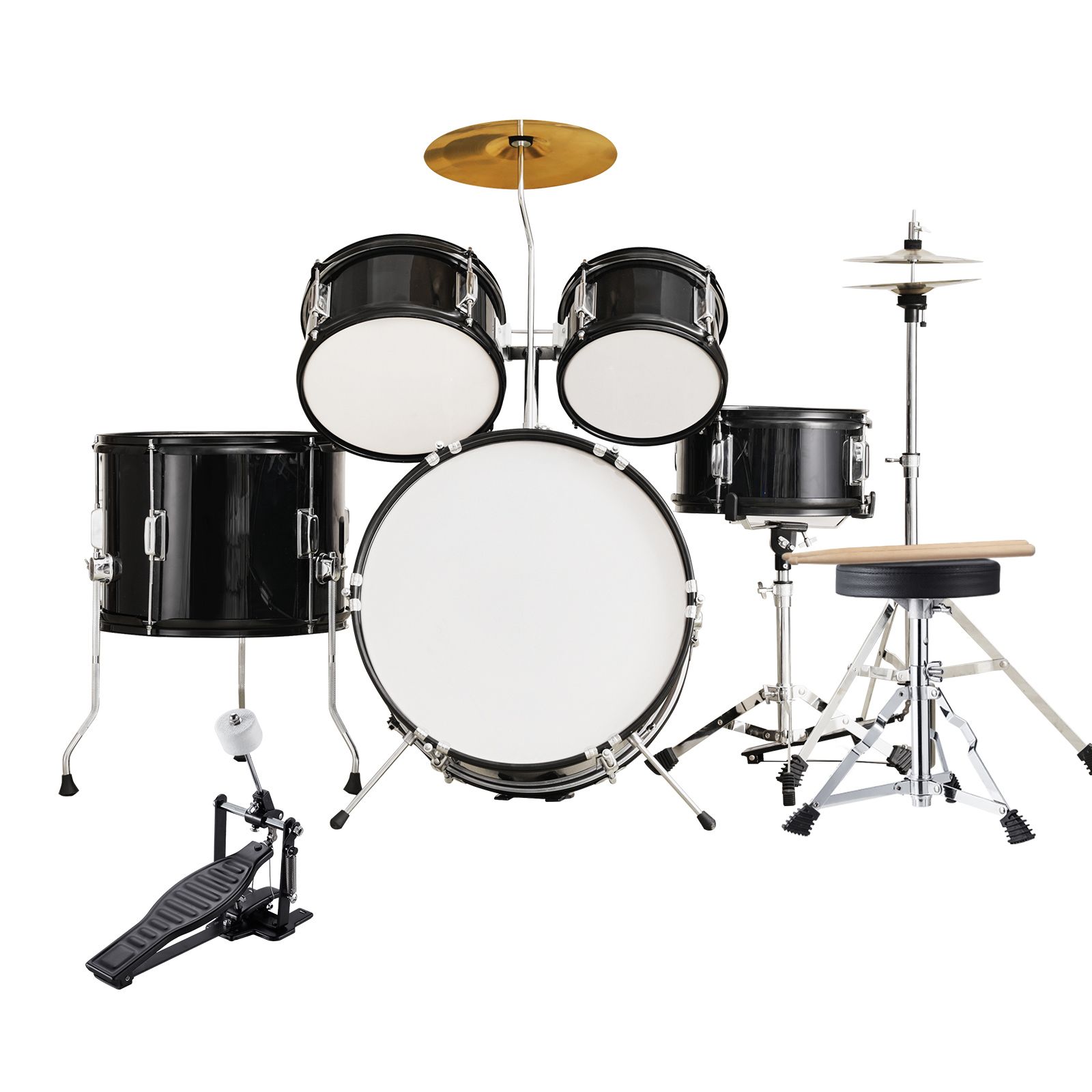 Kids Drum Set, 5-Piece, 406.4 mm Beginner Full Drum Set with Bass Toms Snare Floor Drum Adjustable Throne Cymbal Hi-Hat Pedal and Two Pairs of Drumsticks