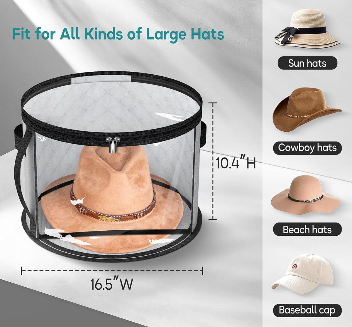 Storage Box - Extra Large Clear Hat Storage Bag - Holds up to 7 Hats - Cowboy Hat Wardrobe Storage Bag - Wide Brim Hat Box with Handle - (Grey) — image 4