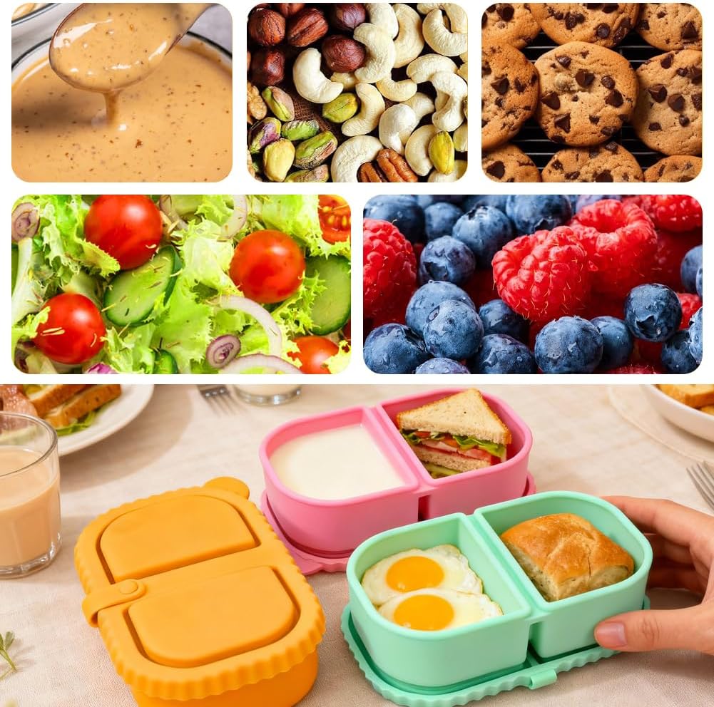 YQL 4 Pack Silicone Snack Containers with Leakproof Lids, Double-Compartment Bento Boxes for Kids & Adults, Reusable Food Storage for Snacks, Sauces, Lunch — image 6