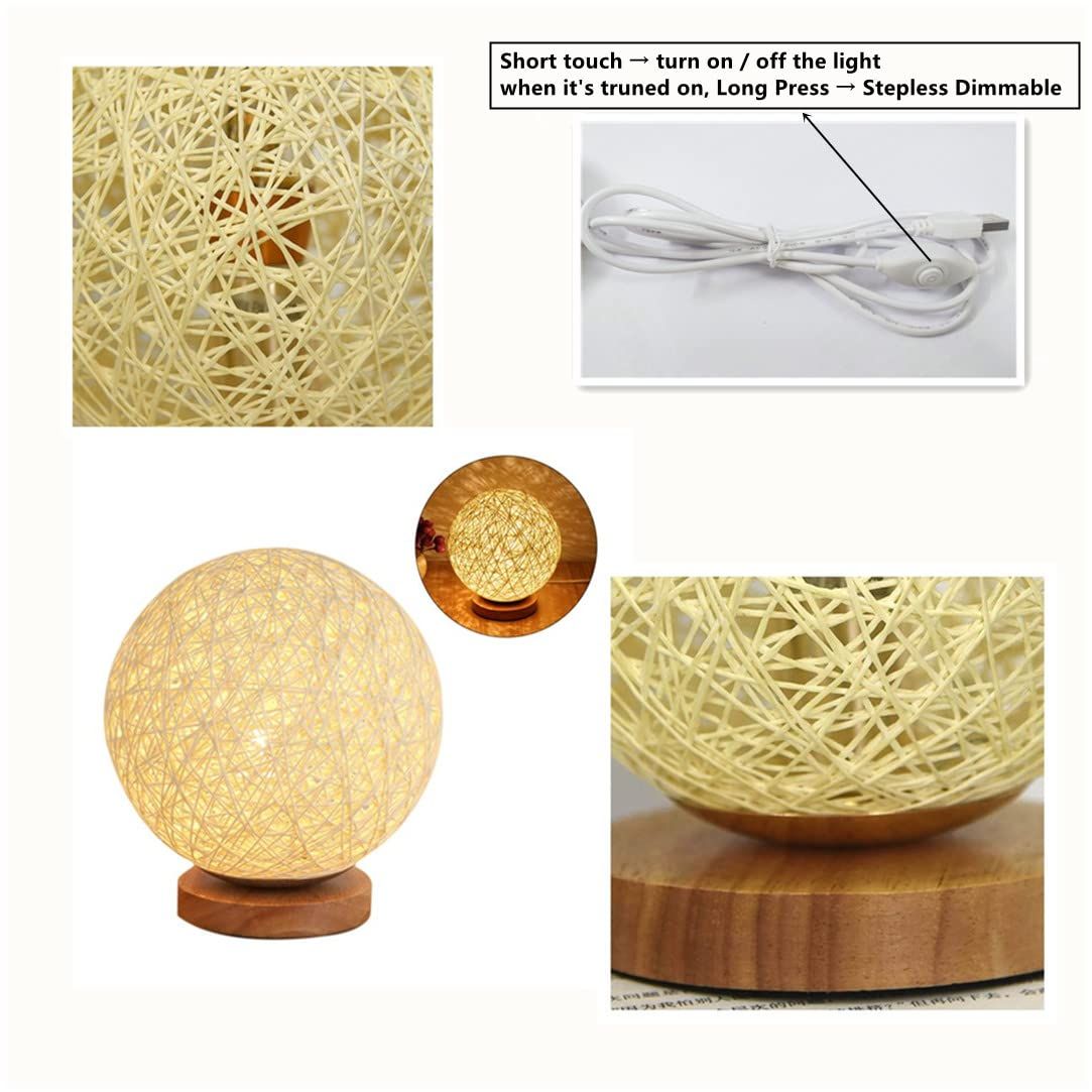 LED Table Lamp Bedside Lamp USB Powered Rattan Ball Lamp Creative Birthday Gift Bedroom Home Bookroom (Dia-15cm Dimmable, Beige) — image 5