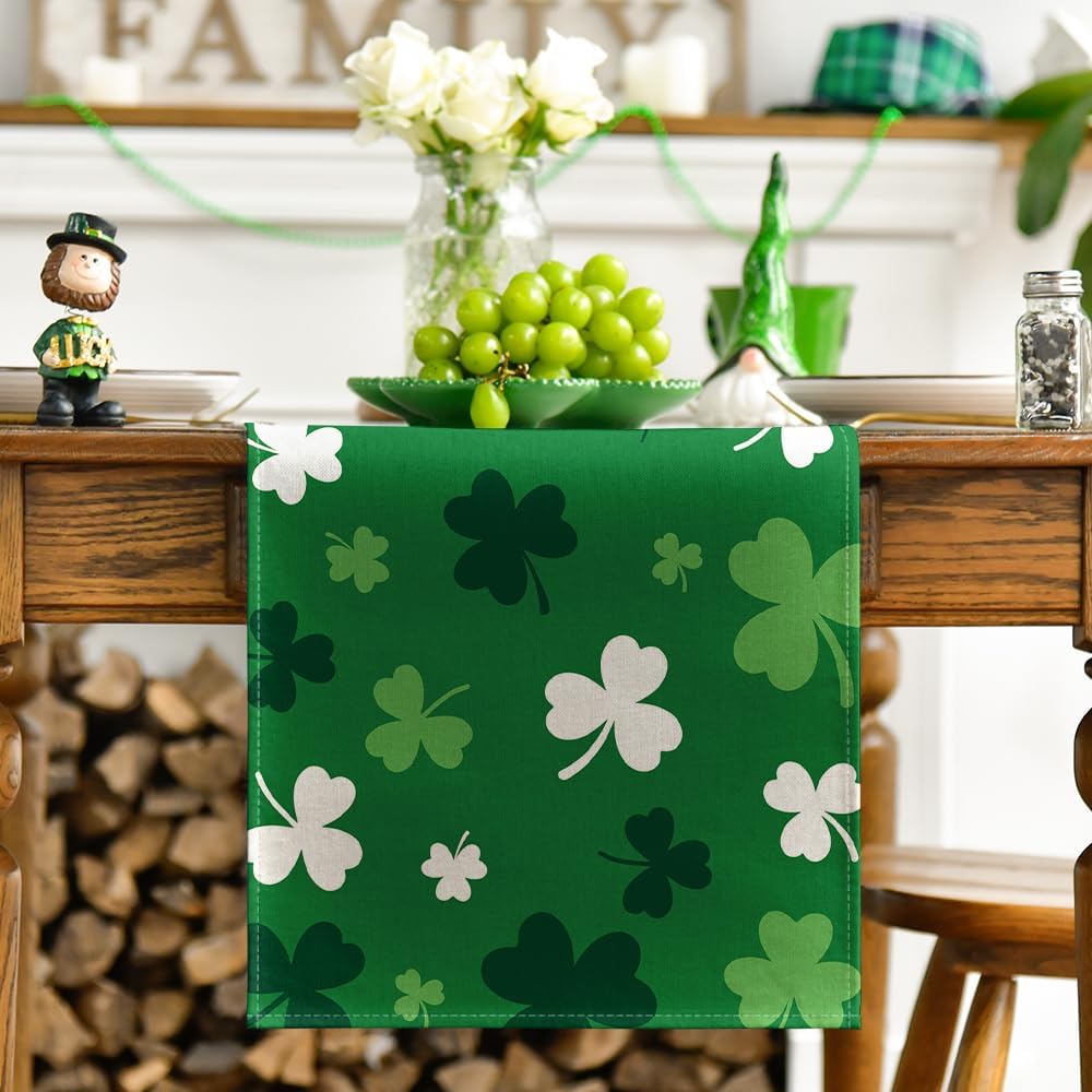 Green Shamrock St. Patrick's Day Table Runner, Seasonal Spring Kitchen Dining Table Decoration for Home Party Decor 13x72 Inch — image 2