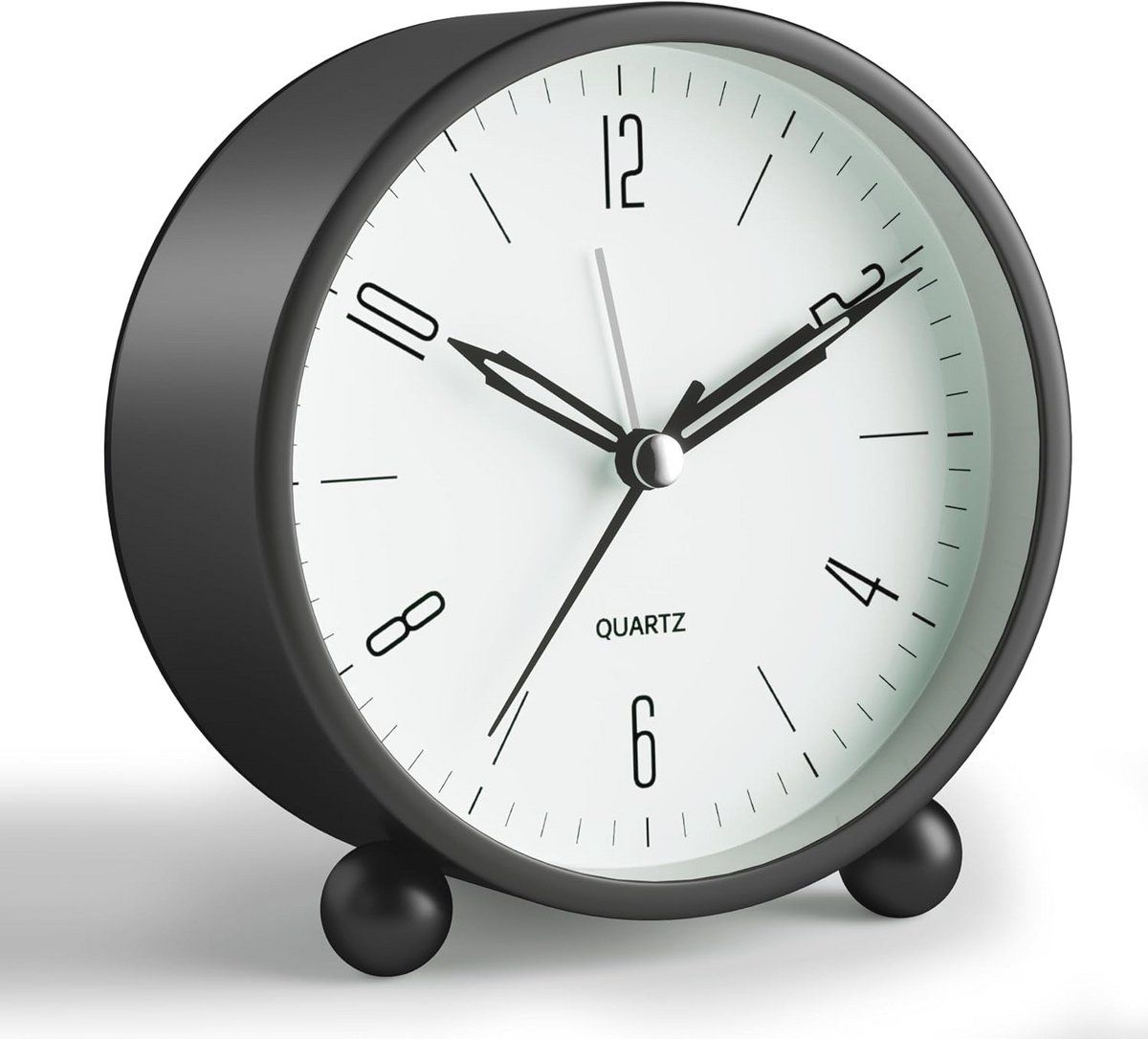 4-Inch Black Silent Analog Alarm Clock with Night Light, Compact Battery-Operated Bedside Clock