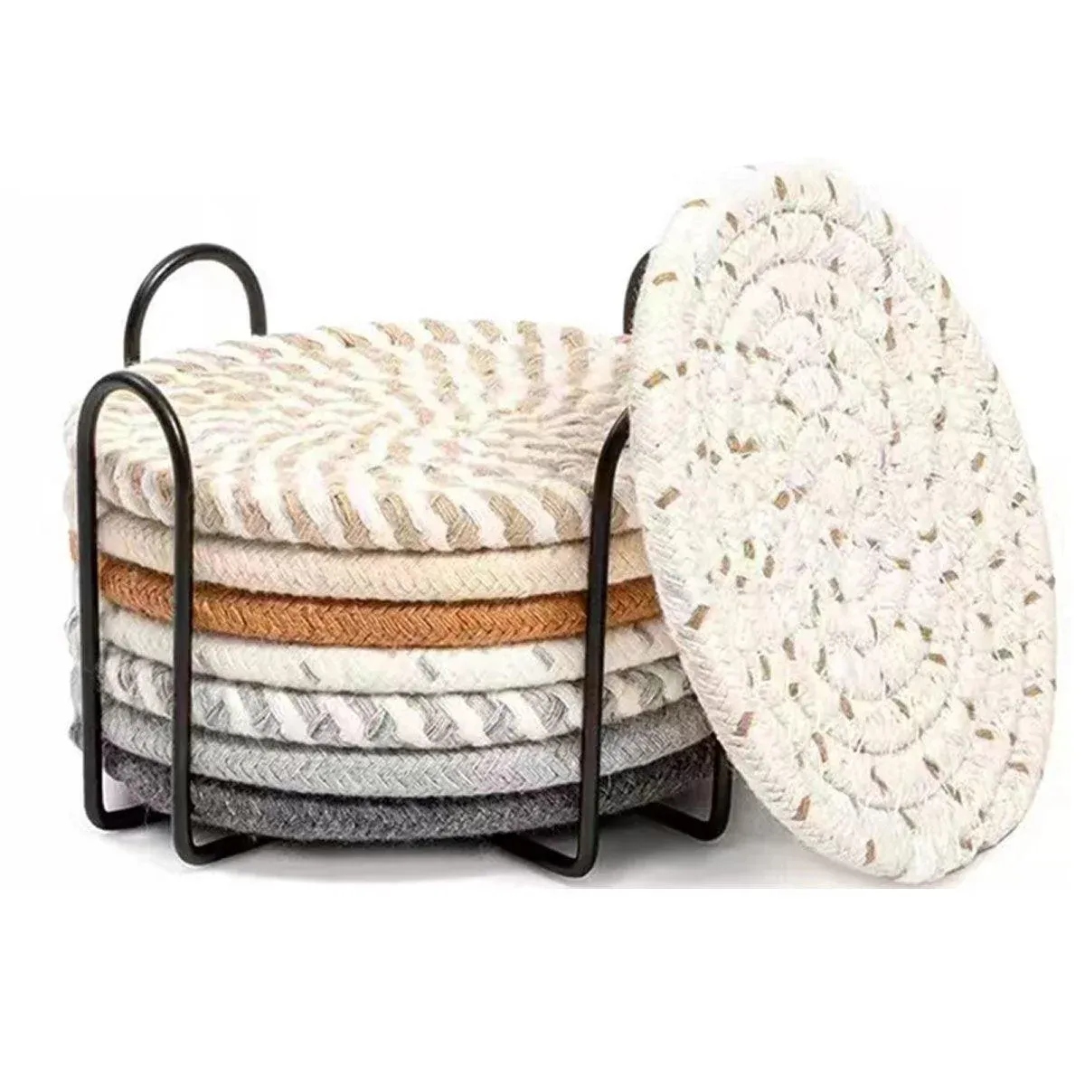8PCS Round Cotton Woven Coaster Heat Resistant Thick Insulation Dining Table Mat - Mixed