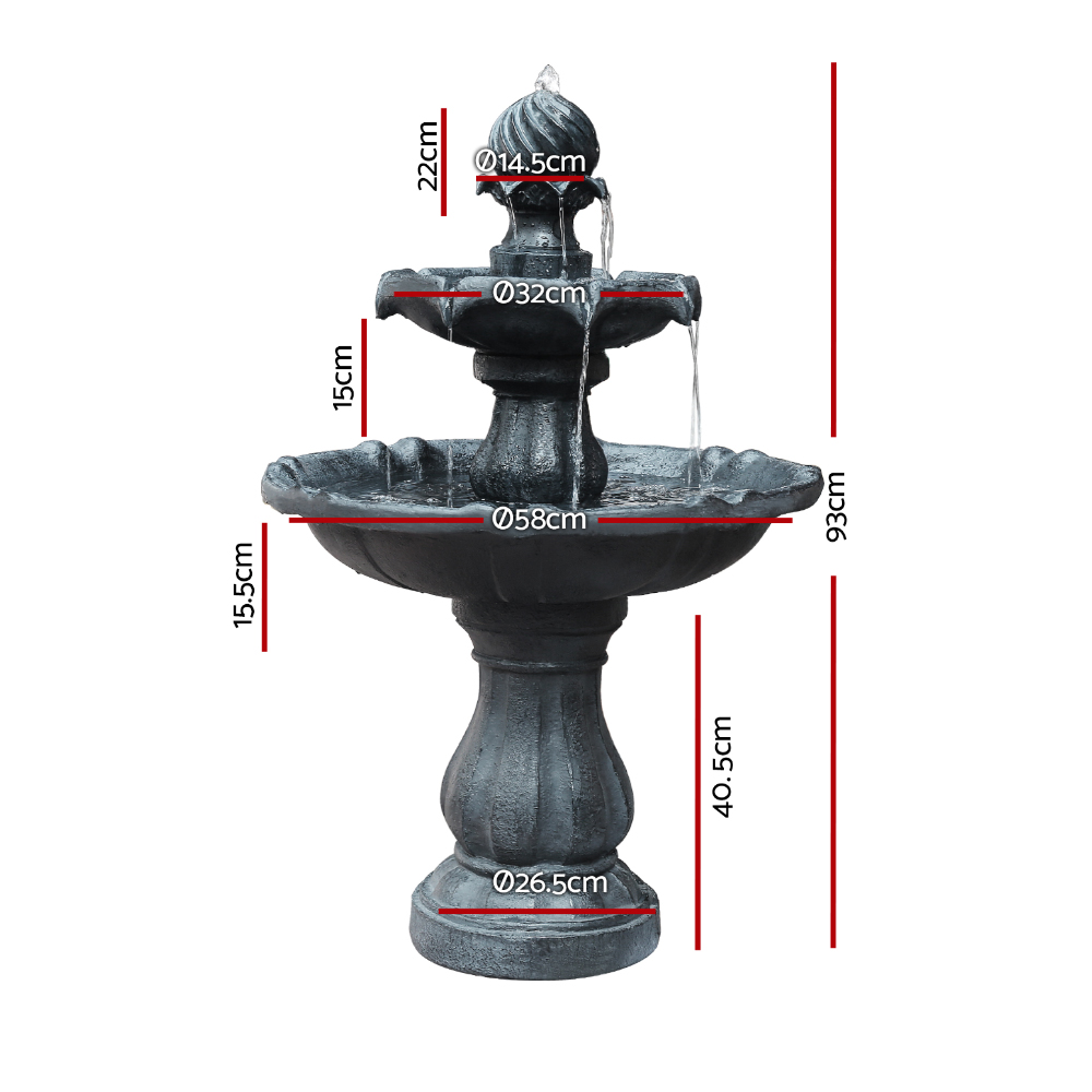 Gardeon Solar Water Feature 3-Tier Fountain with Pump Kit Bird Bath 93CM Black โ image 2