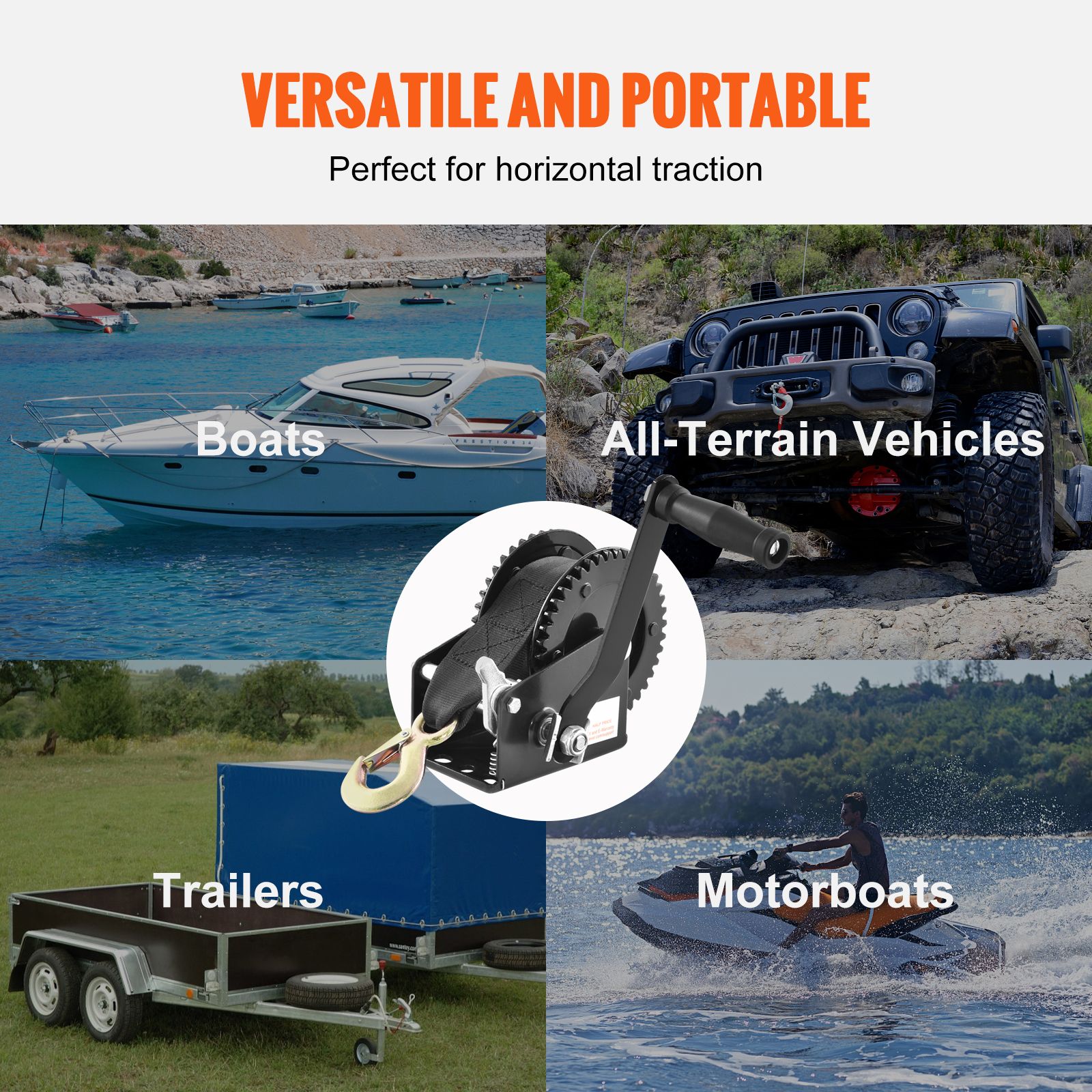 Hand Winch, 907.1 kg Pulling Capacity, Boat Trailer Winch Heavy Duty Rope Crank with 7 m Polyester Strap and Two-Way Ratchet, Manual Operated Hand Crank Winch โ image 6