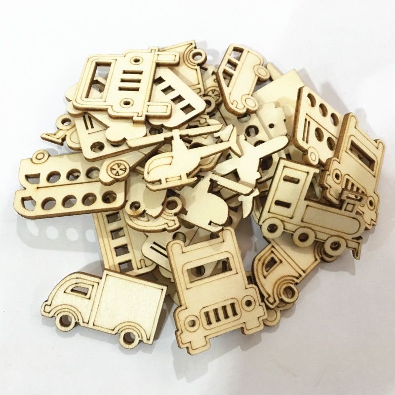 Natural Wood Slices 30pcs Laser Cut Wood Embellishment Wooden Transportation Truck Car Helicopter Shape Craft — image 2