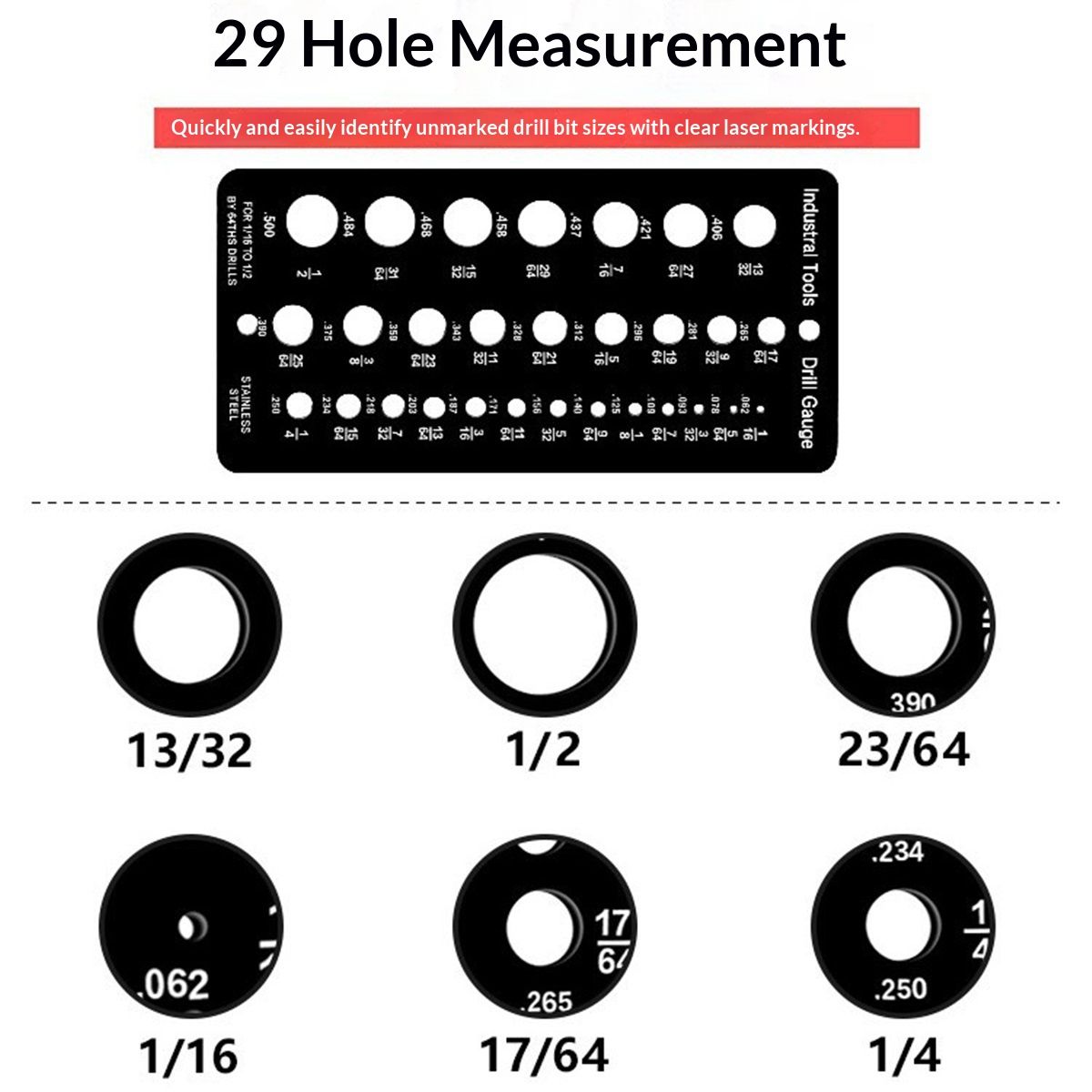 2 pack Stainless Steel Drill Gauge - 29-Holes Standard Metric Size, 1/16 Inch to 1/2 Inch Drill Bit Index, 1pc Black + 1pc Silver — image 2