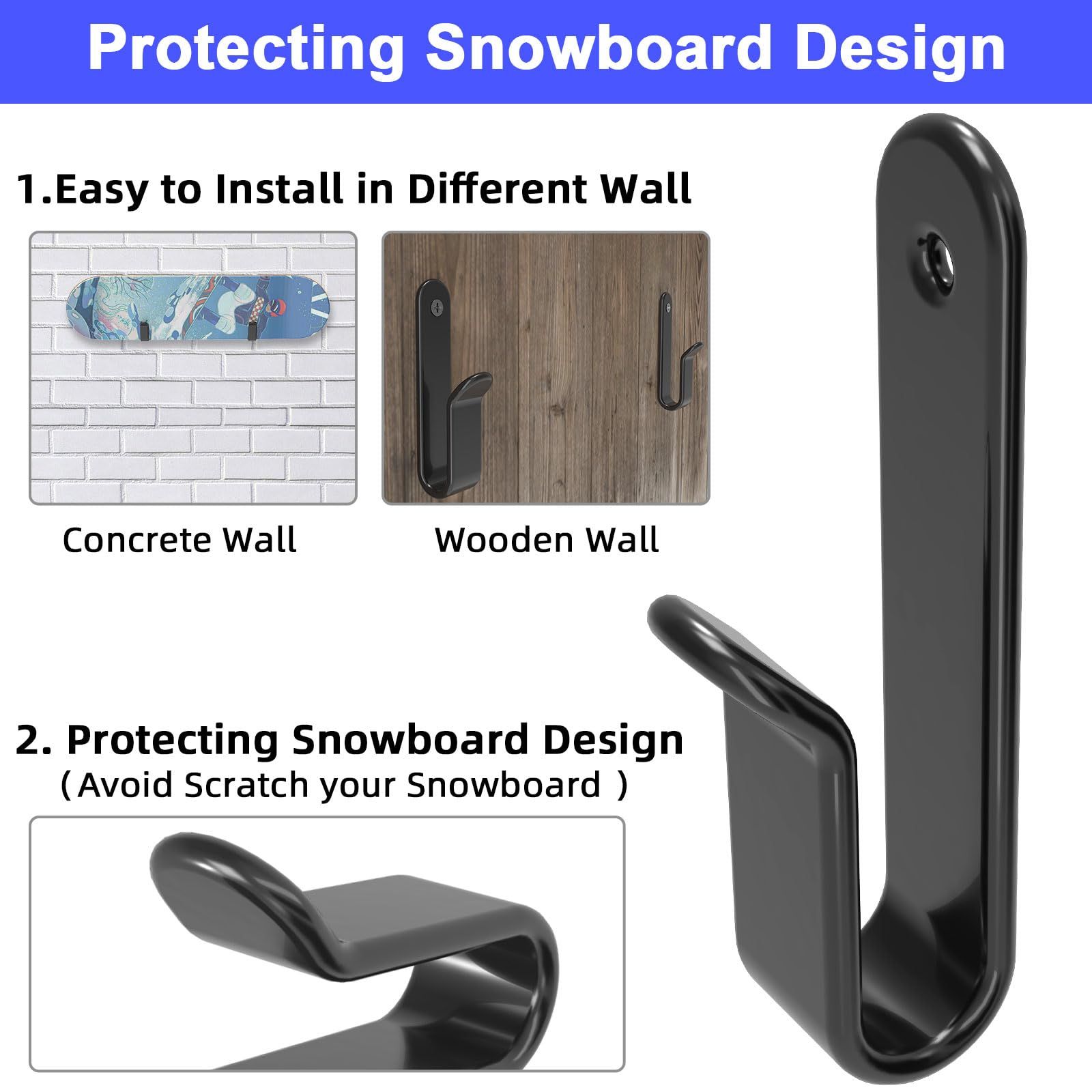 2pcs Horizontal Snowboard Wall Mount Clips Snowboard Wall Rack Snowboard Mount Storage Snowboard Display Wall Mount for Room — image 3
