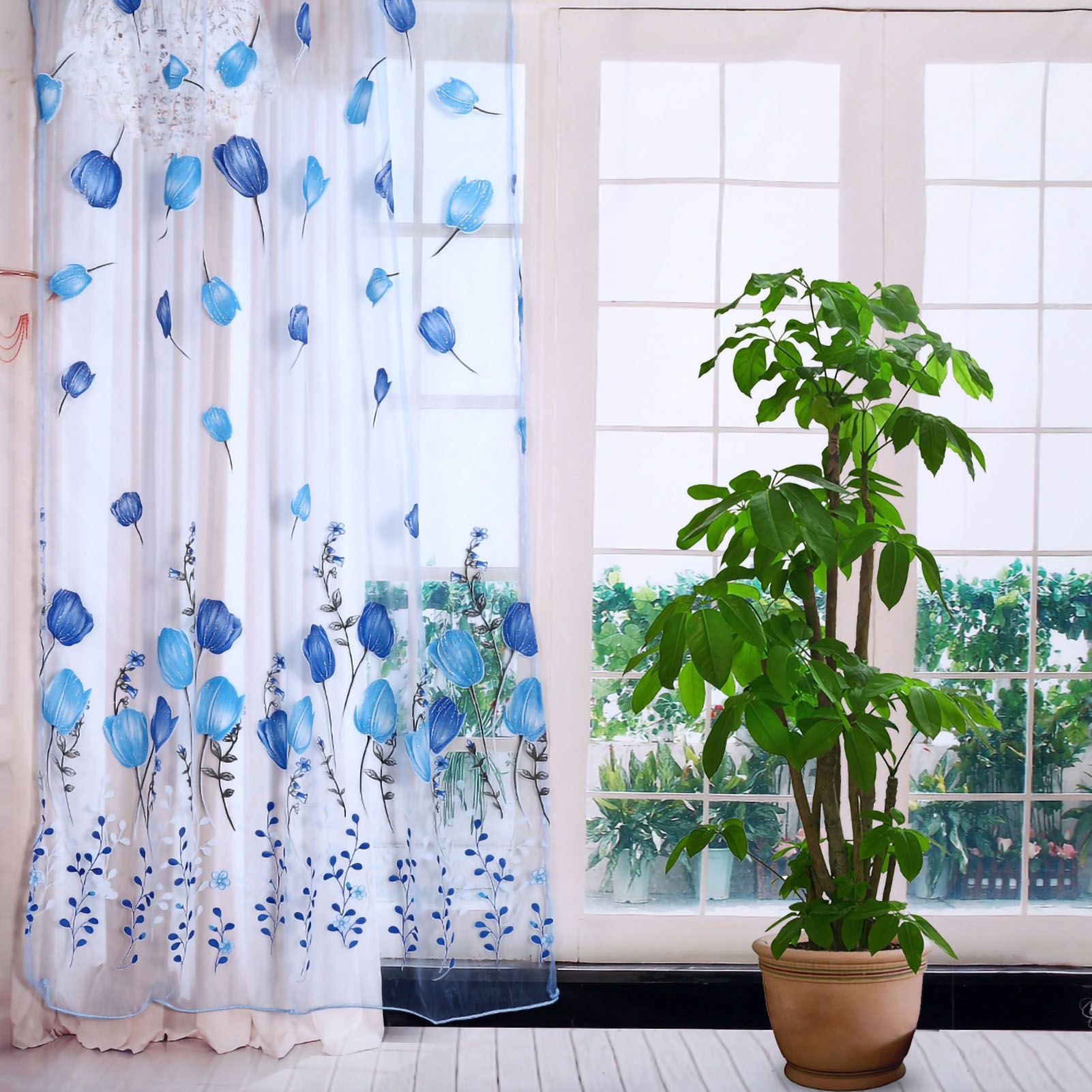 100*200cm Tulips Printing Tulle Curtains Sheer Drape Balcony Window Decoration Blue — image 4