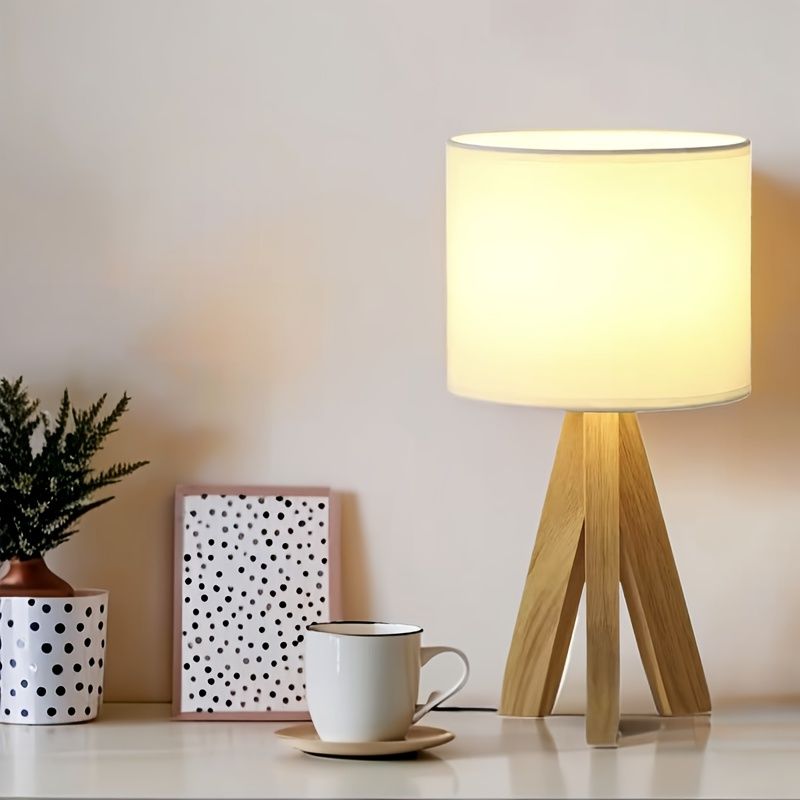 Beige tripod table lamp, bedside lamp, desk lamp, home lighting, wooden lamp, fabric shade lamp, contemporary lamp, Australia โ image 4