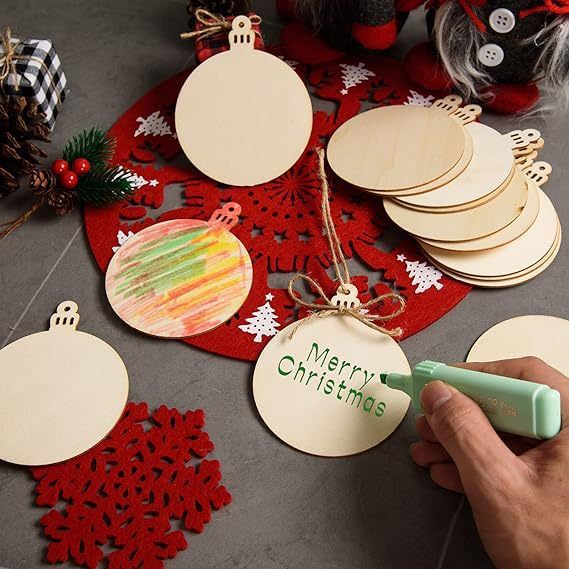 Pack of 50 Wooden Crafts to Paint Christmas Tree Hanging Ornaments Unfinished Wood Cutouts Christmas Decoration DIY Crafts — image 4