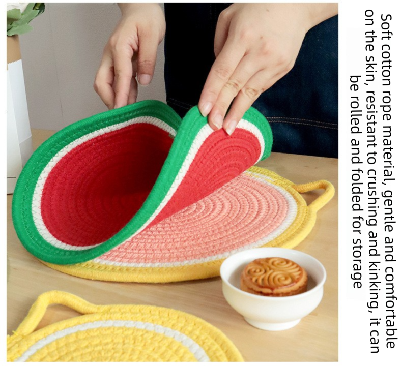 3-Piece Watermelon Inspired Kitchen Heat Resistant Set with 18cm & 30cm Round Cotton Rope Woven Trivets + 1 Pair Duckbill Oven Mitt - Foldable Table Protection โ image 4