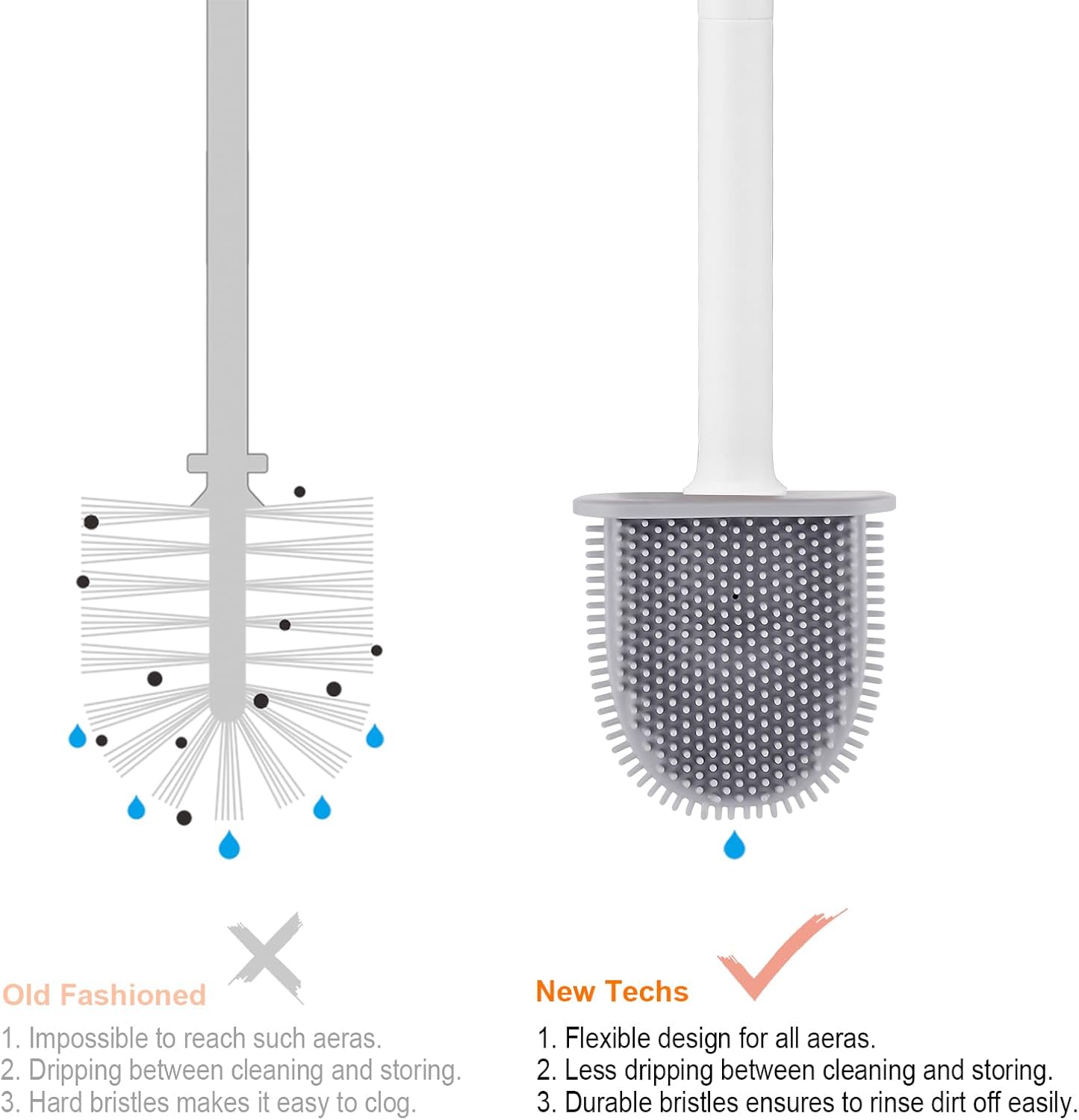 Silicone Toilet Brush and Holder with Long Handle, Quick-Drying Wall or Floor Mounted Bathroom Cleaning Set, White, 11 x 9 x 14 cm โ image 4