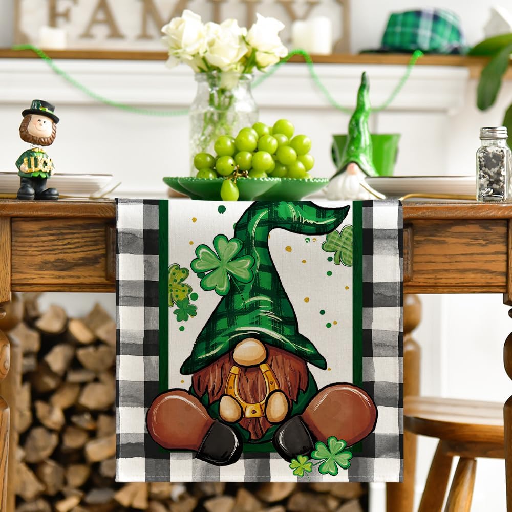 Buffalo Plaid Shamrock Gnome St. Patrick's Day Table Runner, Seasonal Spring Holiday Kitchen Dining Table Decoration for Indoor Outdoor Home Party Decor 13 × — image 2