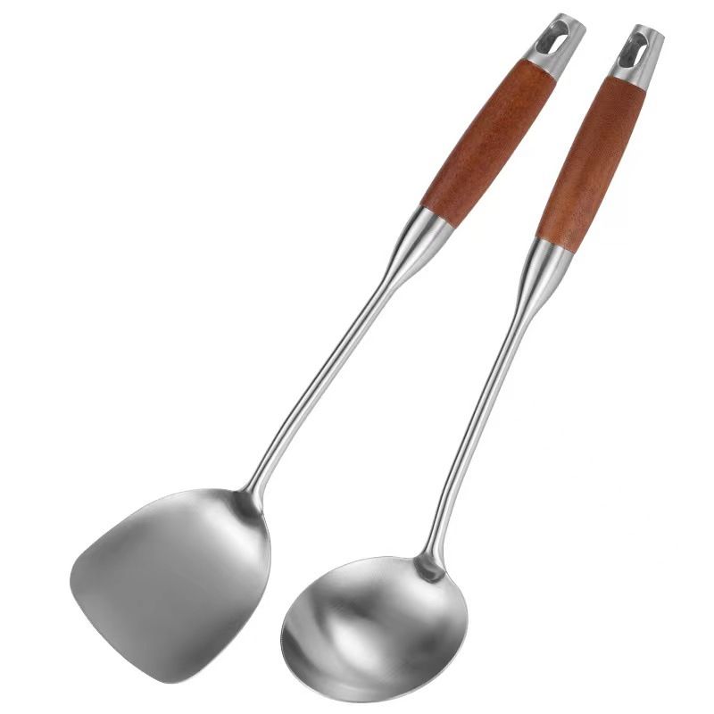 2 Pieces Wok Spatula, Stainless Steel Spatula with Heat Resistant Wooden Handle Wok Utensils,Silver