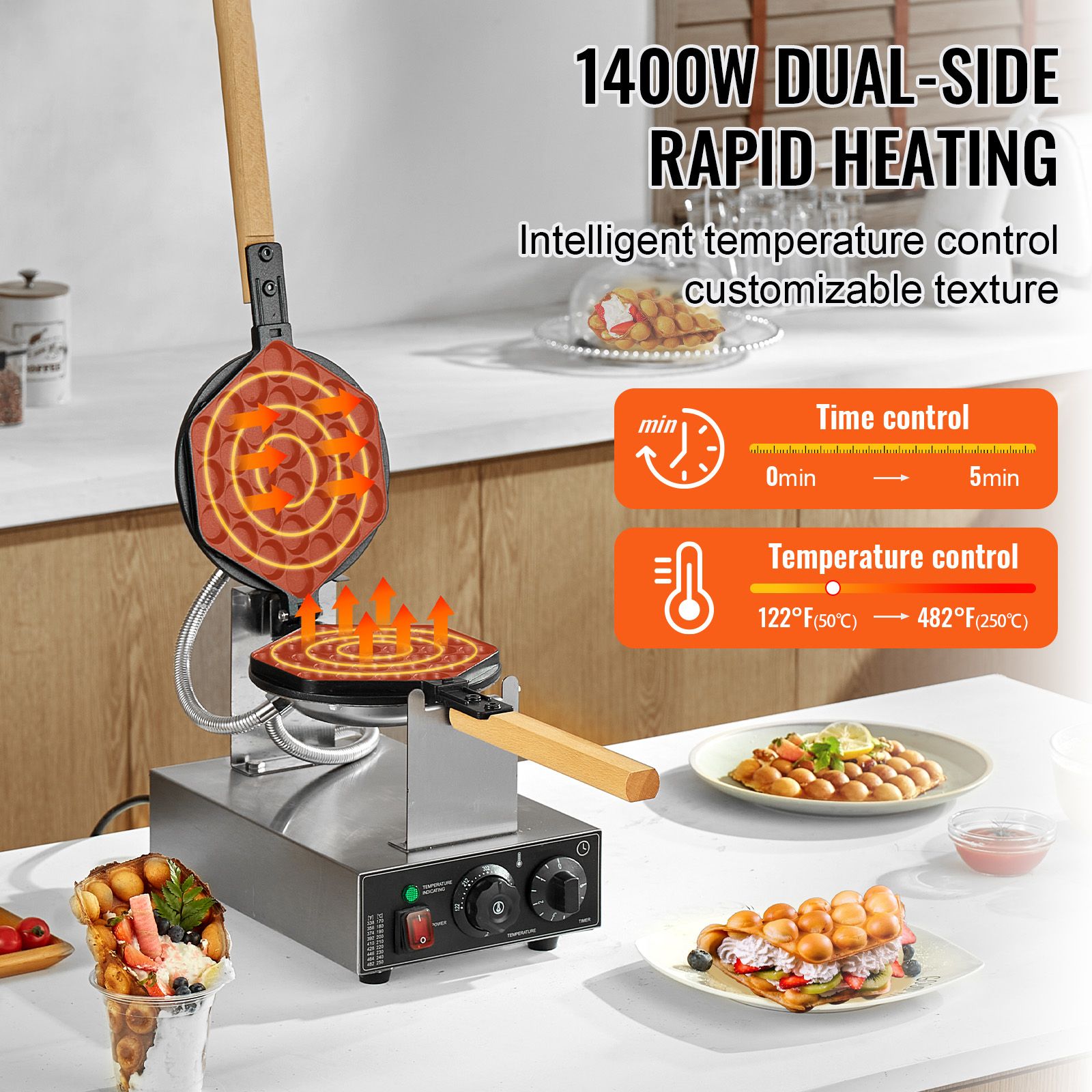 Commercial Bubble Waffle Maker, 1400W Egg Pancake Baker Machine, Non-Stick Stainless Steel Egg Bubble Puff, 180° Rotatable, Temp and Time Control, Wooden — image 2