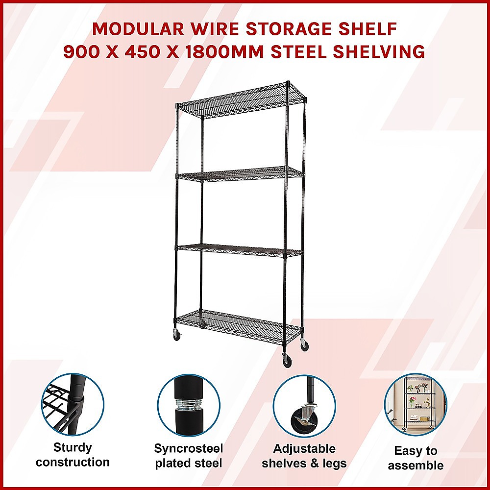 Modular Wire Storage 90x45cm Steel Shelving Black With Wheels For Garage Warehouse Or Kitchen Organisation โ image 3