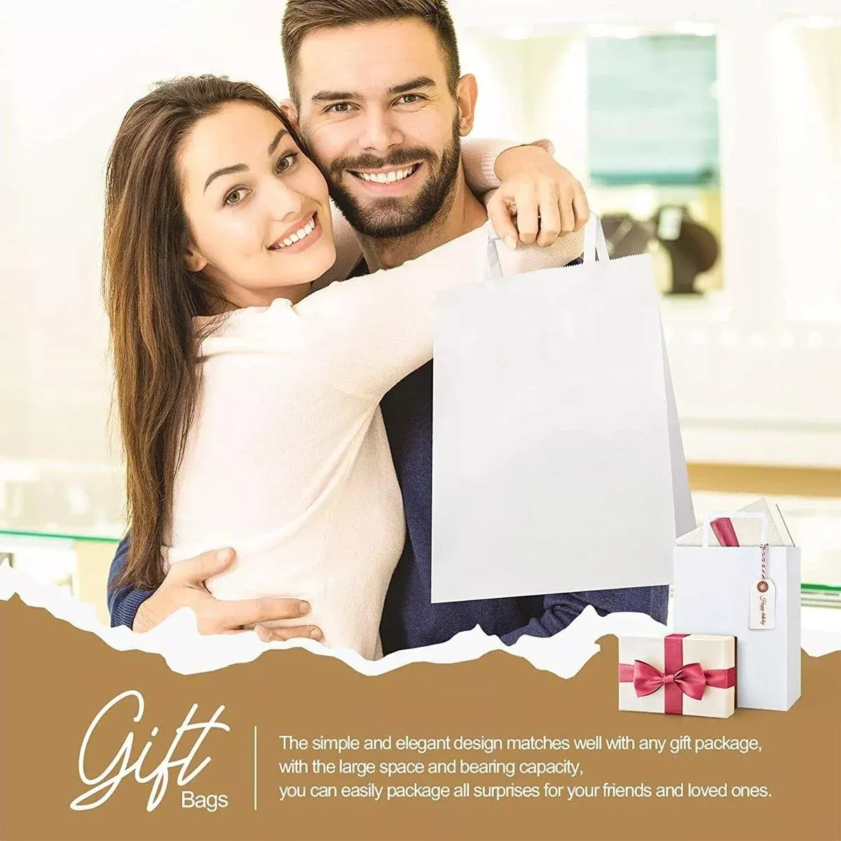 50pcs White Kraft Paper Tote Bags Gift Bags for Packaging Shopping and Storage β image 4