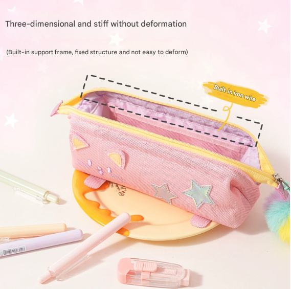 Green Cute Cat Pencil Case for Girls - Large Capacity Sparkly Stationery Pouch with Fluffy Pom โ image 3