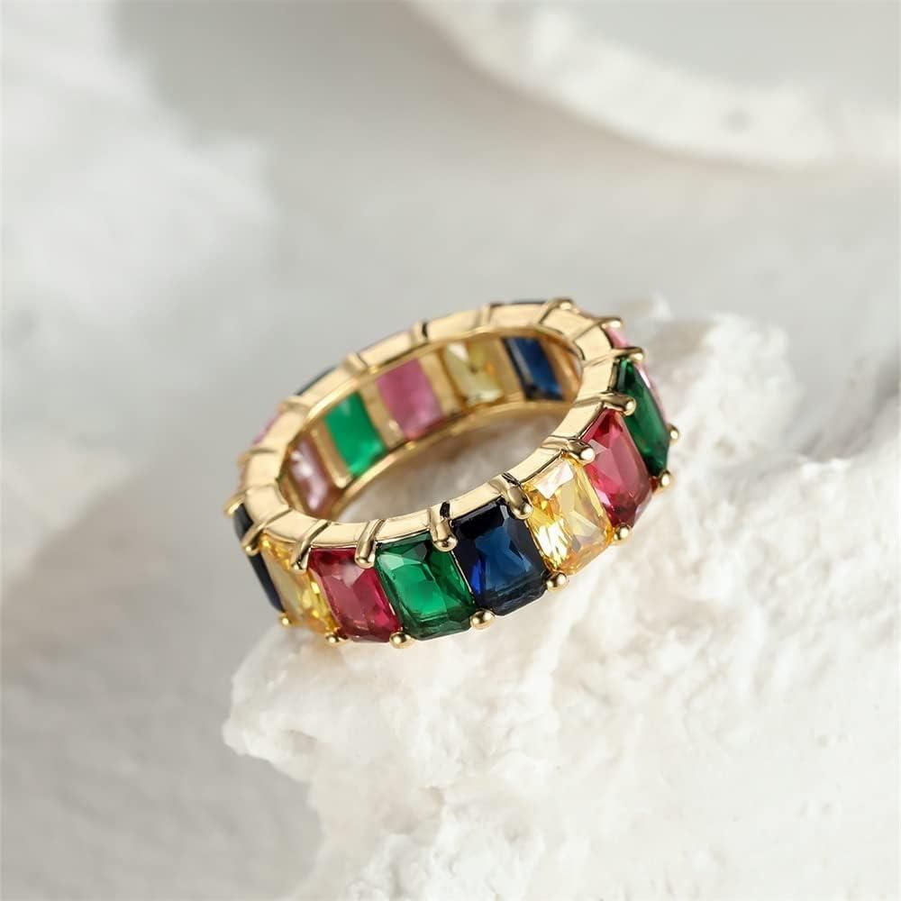 Rainbow Zircon Gemstone Ring Women's Stainless Steel Colourful Ring Size 6-10 - Silver-Multicolor-7 — image 5