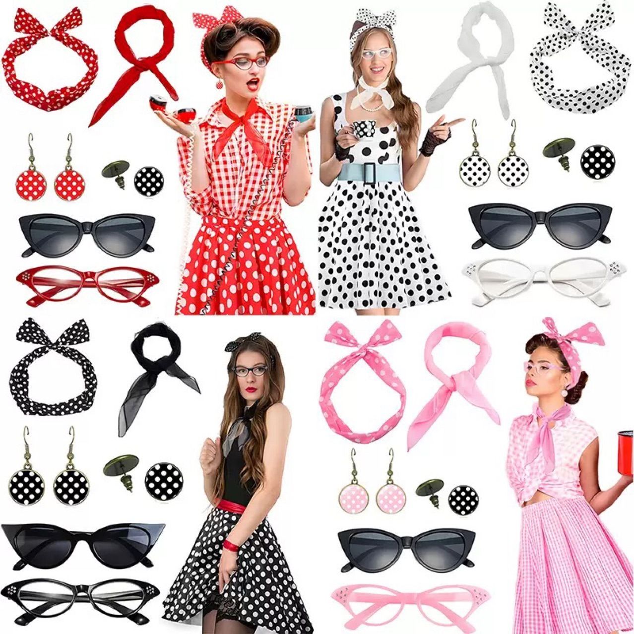 Pink 6 Piece Vintage Polka Dot Party Kit Accessories Set - 1950s Retro Costume with Cat Eye Sunglasses, Headband, Earrings, Studs and Neck Scarf for Cosplay โ image 6