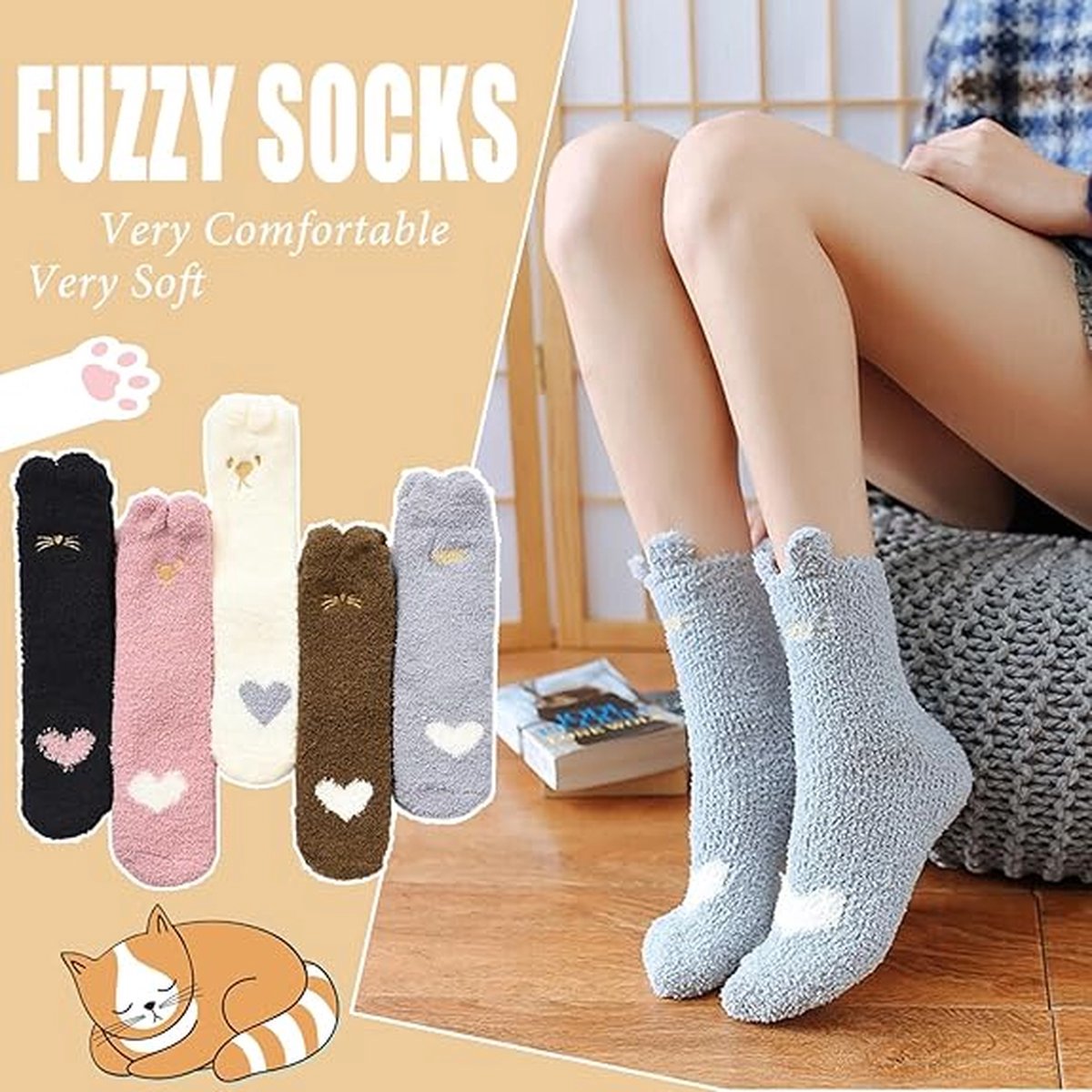 Warm Winter Socks Ladies - Set of 5 Pairs - Ladies Plush Socks - Women's Socks - House Socks - Sleep Socks - Fluffy Socks - Cat Claw - Cute Animal Socks — image 5