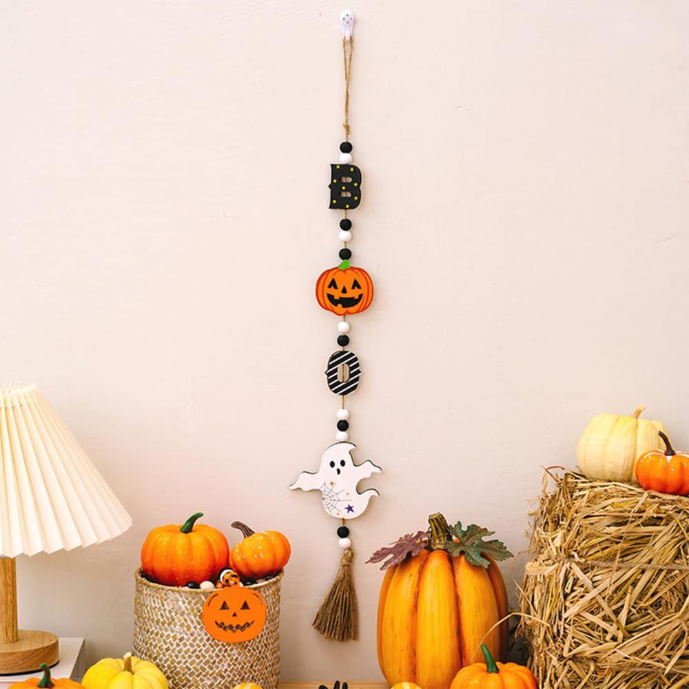 3pcs Halloween Wooden Bead Wreath Farmhouse Tree Pumpkin Spider Skeleton Ghost Plaque Wall Decoration Bead String β image 3