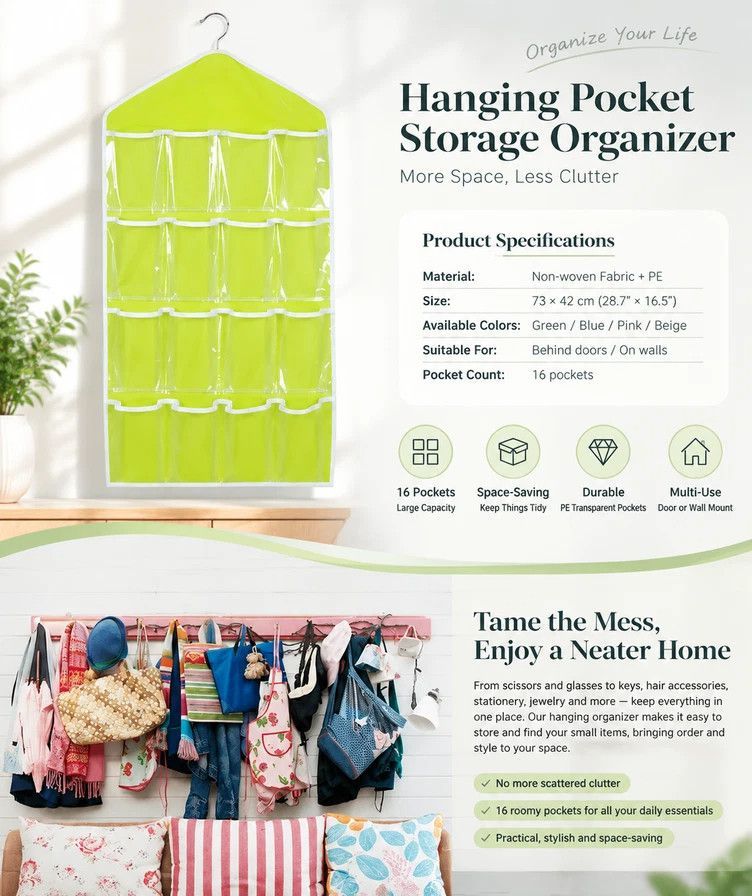 Clear Visible Hanging Storage Organiser, 16 Compartment Divider Bag For Underwear & Socks, Green — image 2