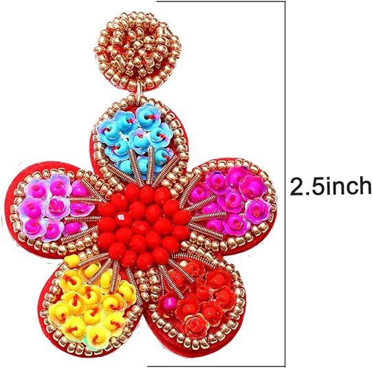 color Beaded Drop Earrings Statement Colorful Beaded Flower Earrings Handmade Bohemia Tropical Beadwork Dangle Earrings For Woman