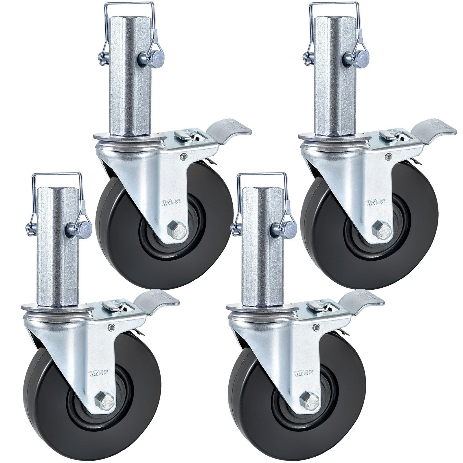 4 Pack 5 Inch Scaffolding Swivel Caster Wheels Heavy Duty Rubber Casters with Dual Locking 1.26 Inch Square Stem 440lbs Capacity per Wheel