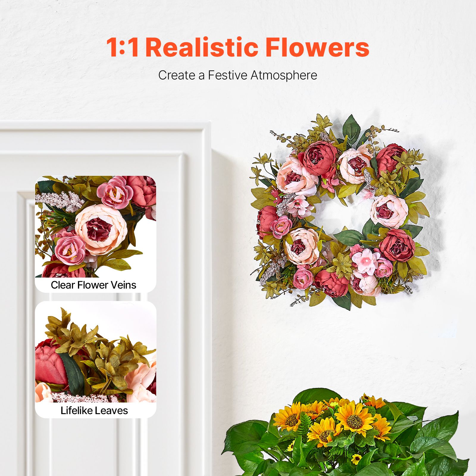 Artificial Decorative Wreath 48.26 cm Pink Peonies Hydrangeas Year Round — image 2