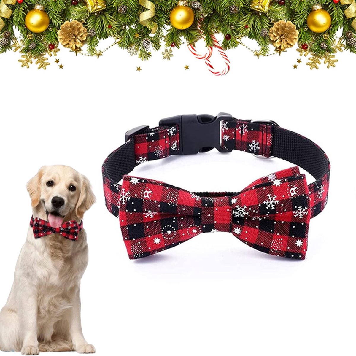 Christmas Dog Bow Tie - Festive Dog Bow Tie - Collar with Bow - Dog Collar - Red - Checkered Bowtie - Adjustable Neckline - Dog Accessories - Dog Clothing