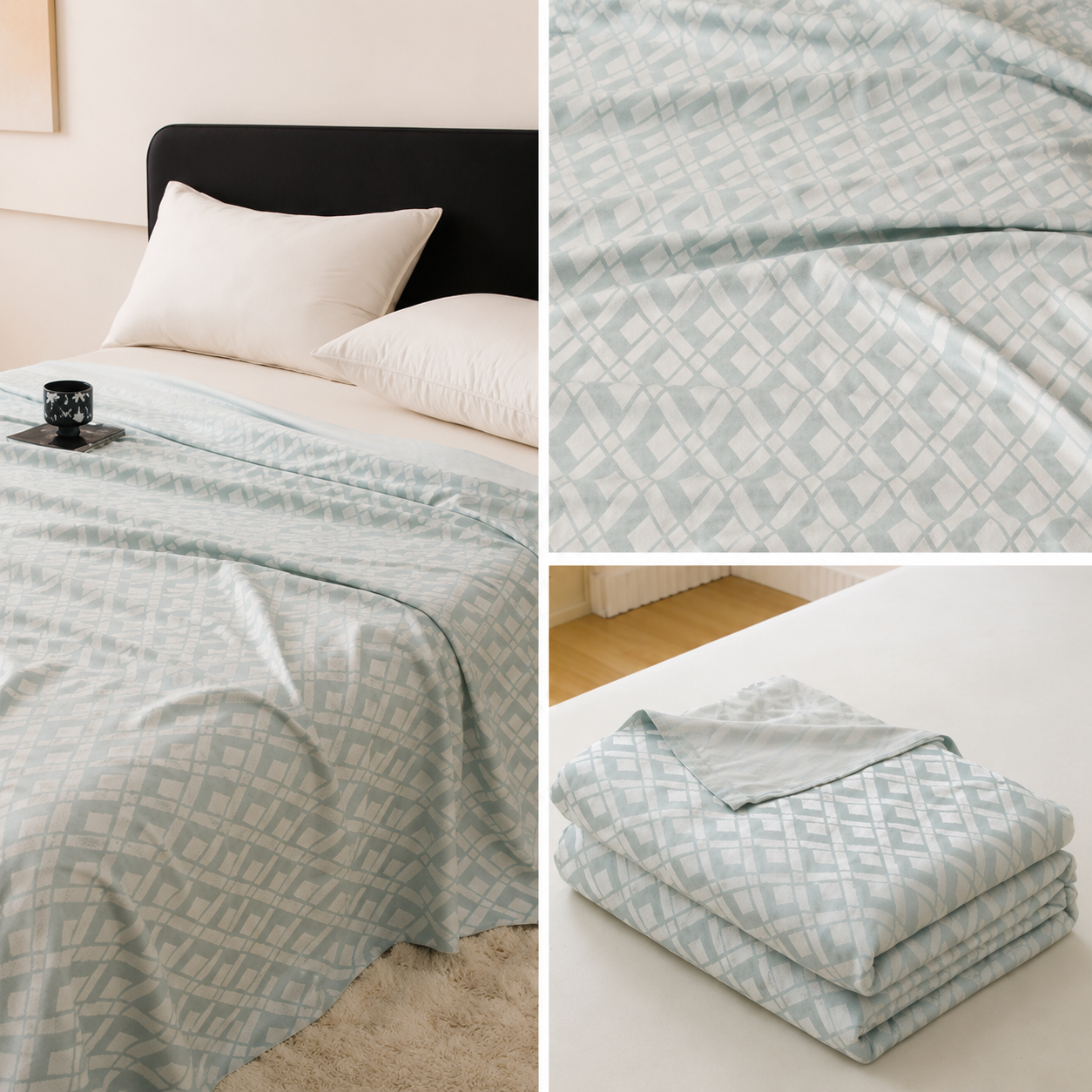 Blue Diamond Pattern Bamboo Fiber Summer Cooling Blanket 200×230cm for Bed Sofa Air Conditioned Room Lightweight Breathable Gauze Coverlet — image 2