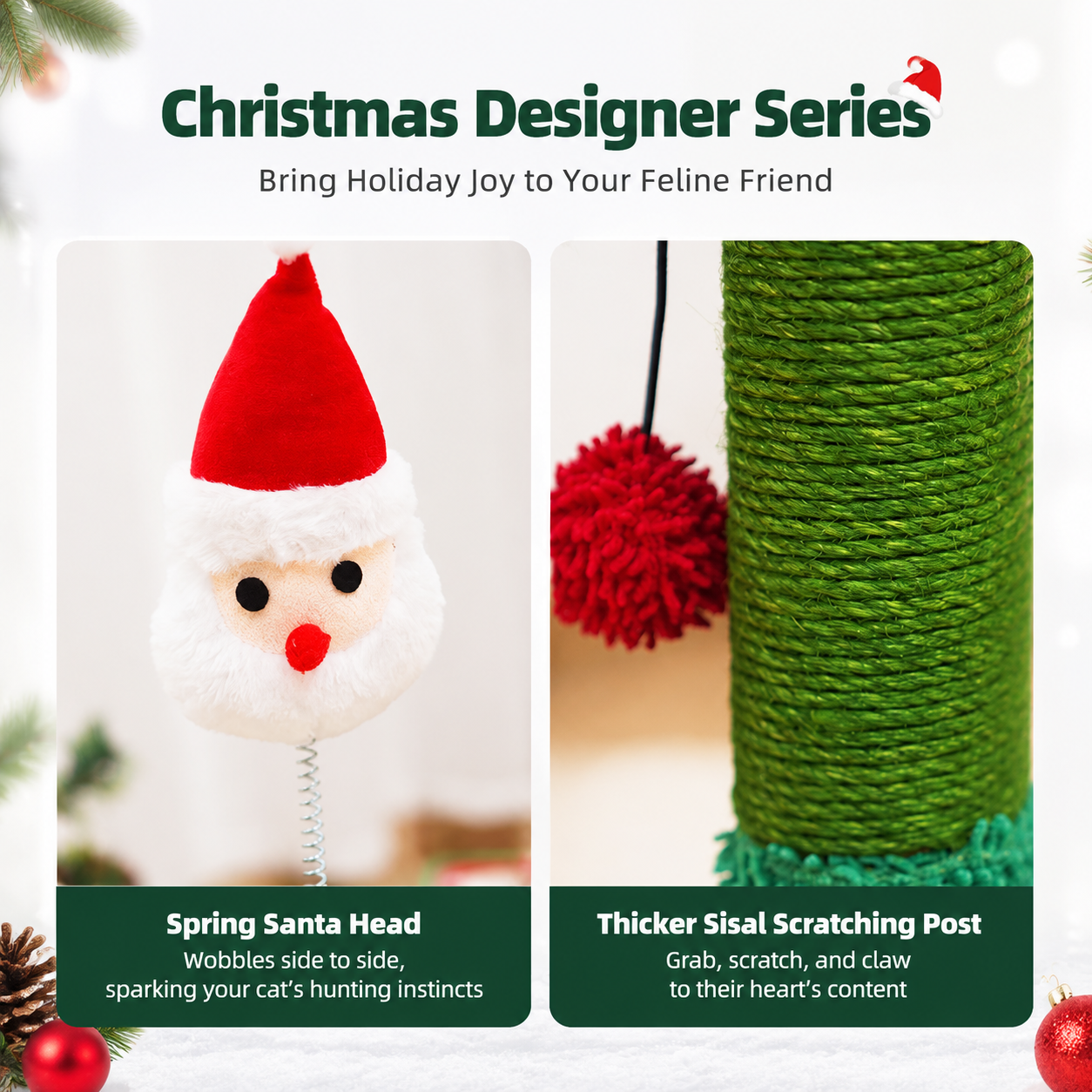 Cat Christmas Tree Scratcher Post with Spring Bobbing Head and Hanging Ball, Festive Santa and Candy Cane Design, Durable Sisal Rope, No-Mess — image 6