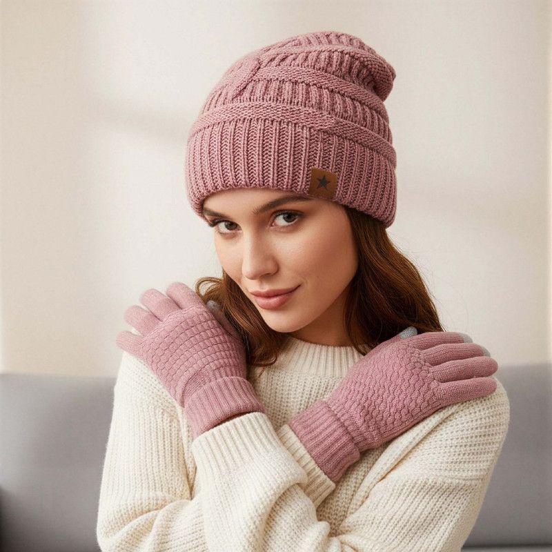 Vintage Cable-Knit Fleece-Lined Beanie & Touchscreen Gloves Set, Women’s Warm Winter Knit Hat 2-Piece Set—Red — image 3