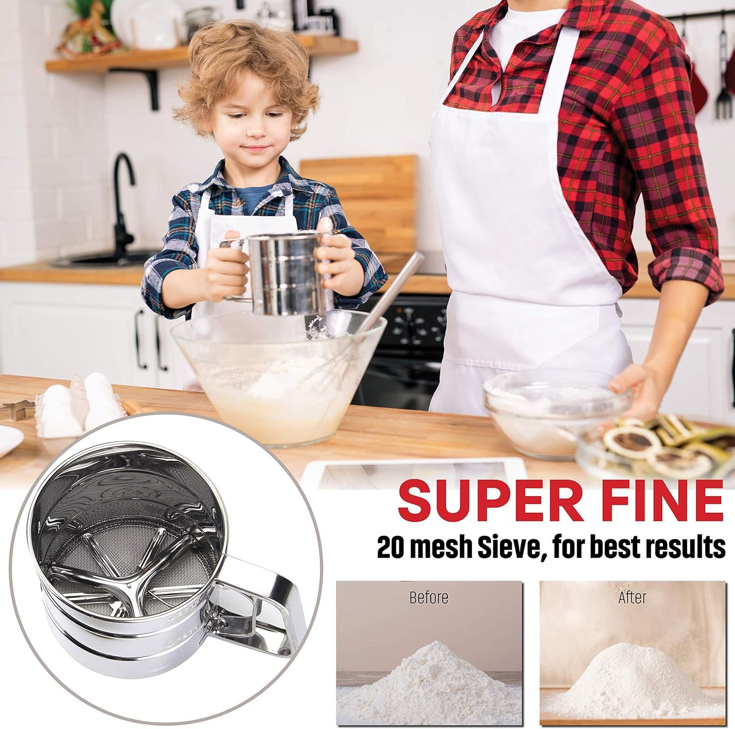2.5 Cup Flour Sifter, Semi Automatic Small Baking Sieve, Stainless Steel, Fine Mesh Sieve Flour Duster — image 3